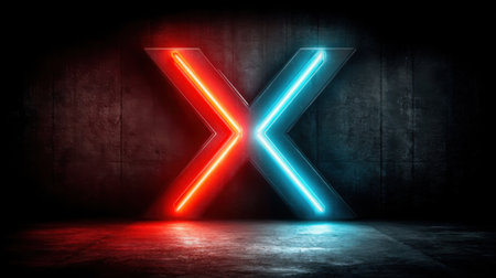 A striking neon letter X glows in red and blue against a textured dark wall. The color contrast creates an electrifying ambiance, perfect for a modern art display or event setting.の素材