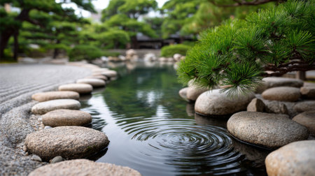 Calm water reflects lush greenery as gentle ripples disturb the surface. Smooth stones line the pond, creating a peaceful atmosphere in a beautifully landscaped garden.の素材