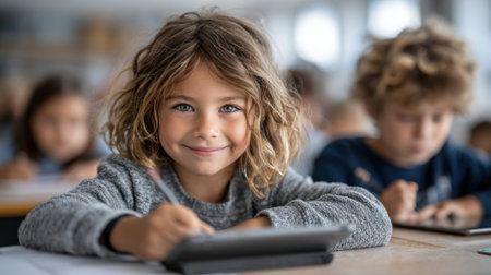 A cheerful child sits at a desk, focusing intently on a tablet while other students work in the background. The bright atmosphere enhances the learning experience.の素材