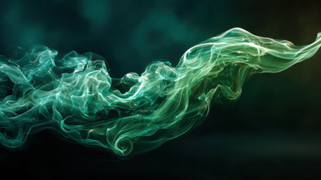 A vibrant green smoke trail winds and twists fluidly in the air, creating an ethereal effect against a contrasting dark background. The mysterious atmosphere captivates the viewer.の素材