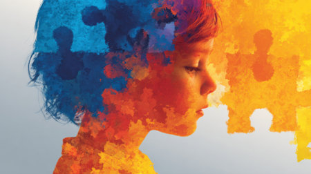 A young child gazes thoughtfully, with a profile silhouette filled with colorful puzzle pieces. The warm colors evoke a sense of creativity and inspiration, capturing a moment of contemplation.の素材