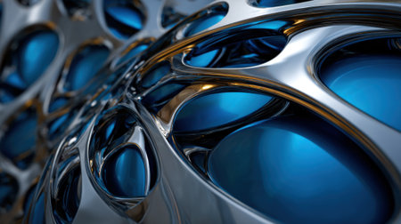 Intricate metallic patterns intertwine with vivid blue elements, creating a mesmerizing abstract composition that highlights innovation and artistic expression.の素材