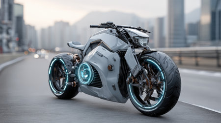 A striking futuristic motorcycle is parked on a bridge, showing its sleek design and glowing wheels. The urban skyline and sunset create a vibrant backdrop.の素材