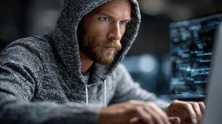 A man with a beard is intensely focused on his laptop screen in a low-light setting. The atmosphere hints at technology and coding as he types with concentration.の素材