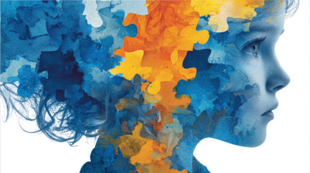 A creative representation showcases a child's profile filled with vibrant puzzle pieces in blue and orange, symbolizing imagination and childhood exploration.の素材