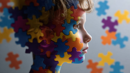 A child stands in profile against a lightly colored background, with vibrant puzzle pieces overlaying the face, representing creativity and complex thought processes.の素材
