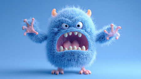 A bright blue, furry creature with large teeth and an open mouth displays an angry expression. Its small horns and claw-like hands enhance its monstrous appearance. The background is light blue.の素材