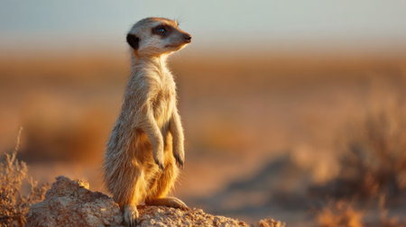 A meerkat is positioned on a rock, surveying its surroundings as the warm colors of sunset paint the desert landscape. The animal appears vigilant in this serene setting.の素材