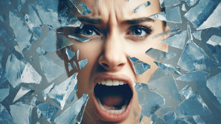 A woman shows intense emotion as she screams, with fragments of glass scattered around her. The expression conveys power and raw feeling, highlighting a moment of dramatic release.の素材