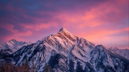A stunning snow-covered mountain rises against a backdrop of a colorful sunset. Pink and orange hues paint the sky as the day's light fades, highlighting the winter beauty.の素材