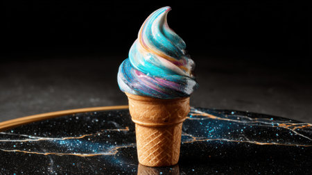 A vibrant ice cream cone features colorful swirls of blue, purple, and pink atop a classic waffle cone. It is displayed against a striking black surface that enhances its artistic appeal.の素材