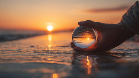 A hand holds a crystal ball above the water as the sun sets on the horizon, creating captivating reflections of the vibrant colors on the surface. Waves gently lap at the shore.の素材
