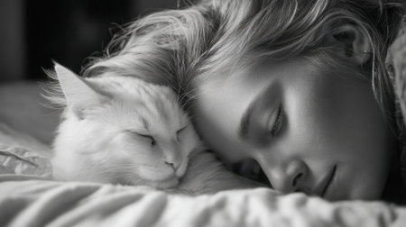 A person rests peacefully with their head on a fluffy white cat, both enjoying a calm moment together on a bed. The light softly illuminates the scene, enhancing warmth.の素材