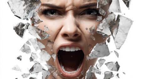 A woman is depicted with a fierce expression, her mouth open in a yell as shards of glass surround her. The scene captures raw emotion and power, conveying a sense of breaking free.の素材