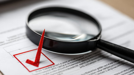 A person examines a checklist with a magnifying glass, focusing on a marked task. The setting is an office environment, emphasizing attention to detail in review work.の素材