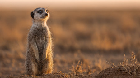 A meerkat stands upright on its hind legs, scanning the horizon as the sun sets over the vast African savanna, casting a warm golden glow across the landscape.の素材