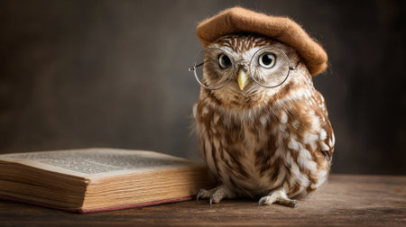 An owl dons spectacles and a soft beret while perched next to an open book on a wooden surface. The warm, muted lighting enhances the scholarly atmosphere of the study during twilight.の素材