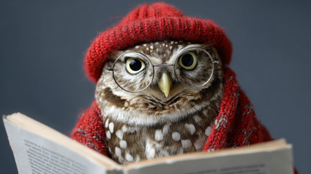 This cute owl is fully immersed in reading, sporting round glasses and a vibrant red hat. The setting has a cozy atmosphere, perfect for a quiet reading session.の素材