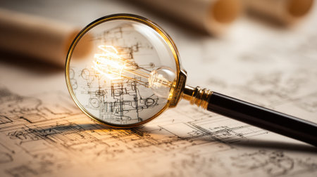 A magnifying glass sits on a blueprint, highlighting detailed sketches of designs. The warm light creates a cozy atmosphere in the workspace, inviting focus and creativity.の素材