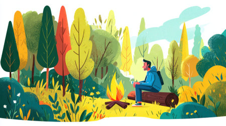 A person sits on a log beside a crackling campfire surrounded by colorful trees in a lush forest. The bright autumn colors create a serene atmosphere perfect for relaxation.の素材