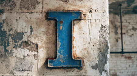 A blue letter 'I' stands out on a weathered concrete pillar in an empty, abandoned building. The rich textures and fading background highlight the passage of time.の素材