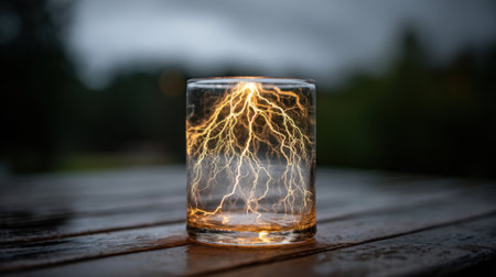 A glass with a spectacular representation of lightning is set on a wooden surface. The overcast skies hint at a stormy atmosphere, enhancing the vibrant lightning visuals.の素材