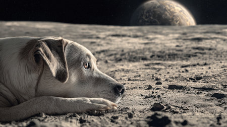 A dog lies calmly on the moon's dusty surface, staring at Earth in the dark sky. The majestic planet is visible, adding a surreal touch to this unique moment.の素材