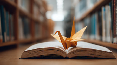 In a serene library atmosphere, a vibrant yellow origami crane sits gracefully on an open book.の素材