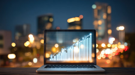A laptop is placed on a wooden surface, showcasing growth charts on its screen while a bustling city skyline lights up the night behind it, highlighting urban life and business activity.の素材