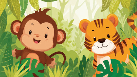 A cheerful monkey and a friendly tiger stand amidst thick foliage in a colorful jungle, showcasing their playful friendship in a lively environment.の素材
