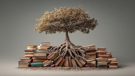 A unique tree stands prominently with its roots intertwined among piles of books, symbolizing the connection between nature and knowledge in a thought-provoking manner.の素材