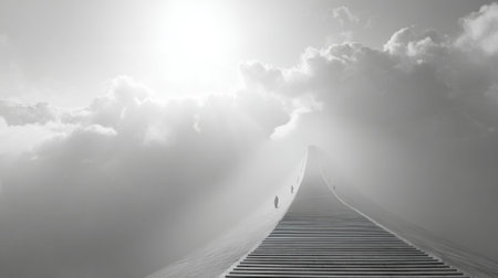 A long, stair-like pathway extends into a misty atmosphere, illuminated by bright light above. Silhouetted figures can be seen walking along the ethereal path, creating a sense of journey and mystery.の素材