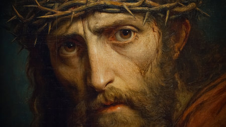 The artwork captures a solemn man with a crown of thorns, his intense gaze reflecting suffering and resolve. This piece evokes powerful religious themes and historical narratives.の素材