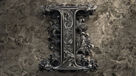 A highly detailed letter I displays elegant floral carvings and ornate patterns on a polished marble surface. The striking design showcases craftsmanship and artistic beauty in every detail.の素材