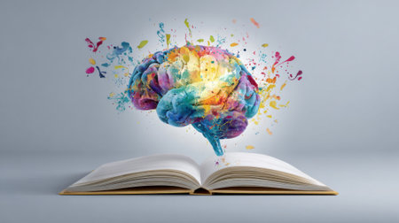 An open book lies flat with vibrant splashes of paint forming a brain above it, representing the fusion of literature and creativity at a moment of inspiration.の素材