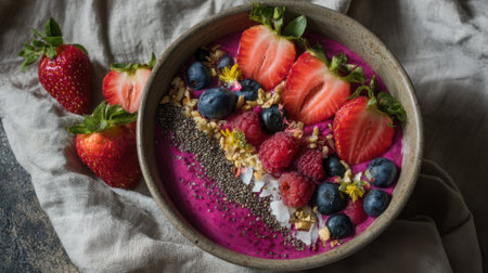 Breakfast consists of a vibrant smoothie bowl featuring a blend of berries, chia seeds, granola, and edible flowers, artistically arranged for a fresh and healthy start to the day.の素材