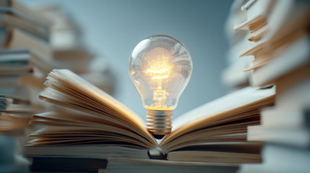 A light bulb is positioned above an open book, illuminating its pages. This arrangement signifies the connection between literature and innovative thoughts in a study environment.の素材