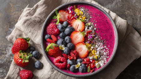 A vibrant smoothie bowl features a blend of dark berry puree, adorned with strawberries, blueberries, raspberries, and seeds, all resting on a textured fabric backdrop.の素材