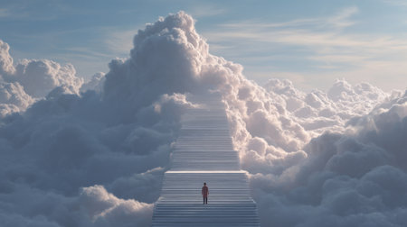 A figure stands at the base of a winding staircase rising through soft, fluffy clouds. The sky is painted in dusky hues, creating a surreal atmosphere.の素材