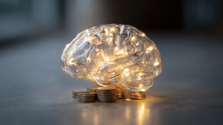 A lit brain sculpture in transparent material rests on a smooth surface beside a coin stack, symbolizing the link between intelligence and financial success today.の素材