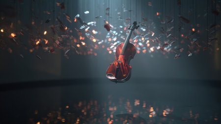 A beautiful violin hovers in a softly lit area, surrounded by glowing particles and reflections on a serene surface, creating a calm and enchanting atmosphere.の素材