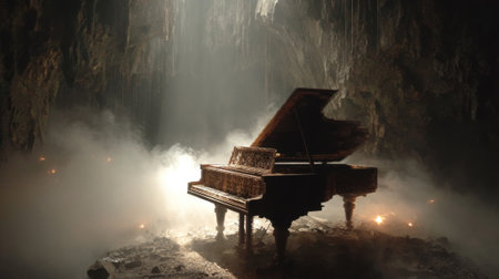 In a dimly lit cave, a grand piano stands alone amidst swirling mist. Light streams from above, enhancing the surreal atmosphere of solitude and mystery.の素材
