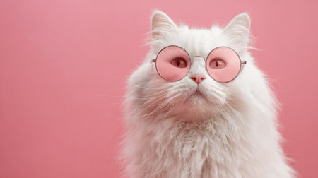 A fluffy white cat with striking blue eyes poses stylishly in pink sunglasses. The vibrant pink background adds a fun and playful element, showing the cat's unique fashion sense.の素材