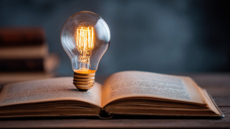 A glowing light bulb stands atop an open book, creating a warm atmosphere in a study space. The background features stacked books, adding to the intellectual vibe.の素材