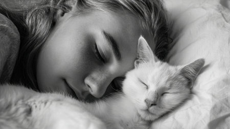 A girl lies on her side in bed, cherishing a quiet moment with her cat. Both appear and relaxed content in a tranquil, cozy environment filled with soft lighting.の素材