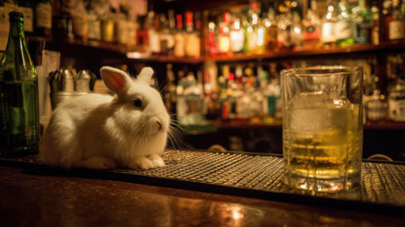 A fluffy white rabbit rests peacefully on the bar counter while a glass of golden whiskey sits nearby. The ambient lighting creates a warm, inviting atmosphere in the tavern.の素材