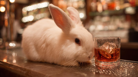 A fluffy white rabbit lounges on a bar counter, curiously eyeing a glass containing whiskey and ice. The warm ambiance features blurred lights and wooden details.の素材