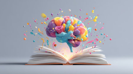 A lively brain in bright colors rises from the pages of an open book, surrounded by an explosion of paint splashes, symbolizing creativity and knowledge.の素材