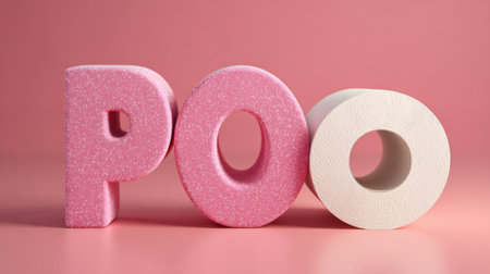 Foam letters arranged to spell 'POO' feature a sparkly pink color and a plain white letter, creating a playful and whimsical display on a soft pink surface.の素材