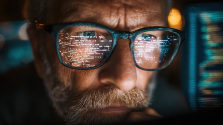 In a dim room at night, a programmer intently examines lines of code reflected on his glasses, highlighting the blend of focus and technology in software development.の素材